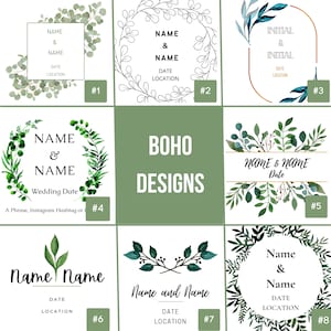 May include: Eight different designs for wedding invitations with a boho theme. Each design features a wreath of greenery and includes space for the couple's names, wedding date, and location.