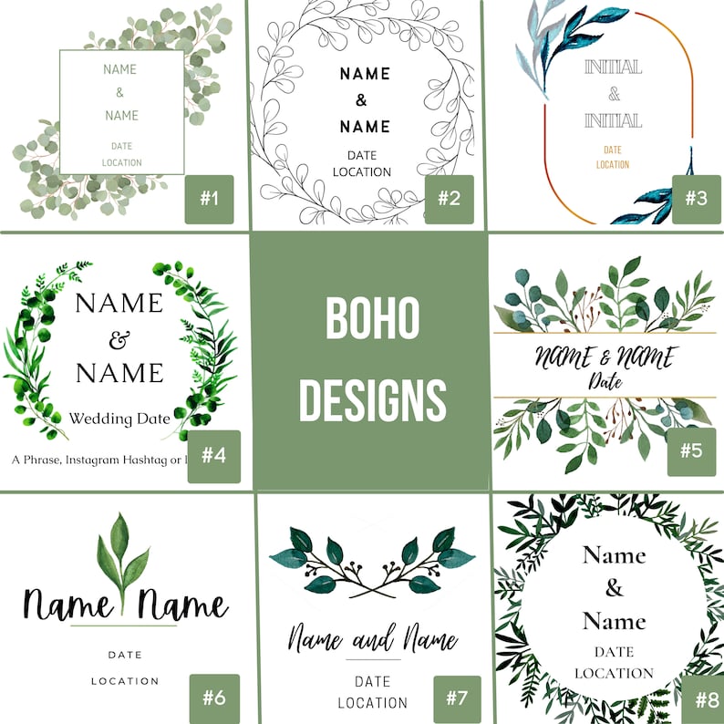 May include: Eight different designs for wedding invitations with a boho theme. Each design features a wreath of greenery and includes space for the couple's names, wedding date, and location.