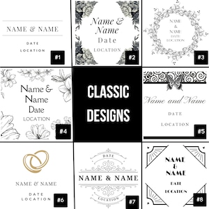 May include: A collage of eight different wedding invitation designs. The designs feature various styles, including floral, geometric, and classic. Each design includes space for the couple's names, wedding date, and location.