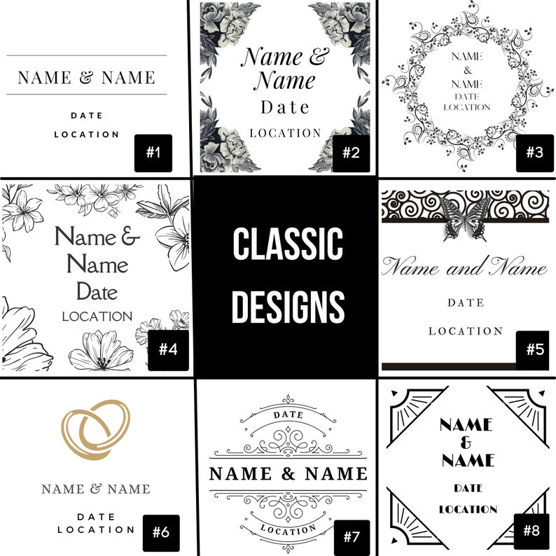 May include: A collage of eight different wedding invitation designs. The designs feature various styles, including floral, geometric, and classic. Each design includes space for the couple's names, wedding date, and location.