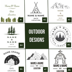 May include: A set of 8 outdoor design logos featuring different nature-inspired elements, such as mountains, trees, and a cabin. Each logo includes the text "Name & Name", "Date", and "Location".
