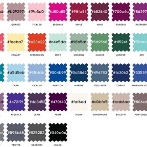 May include: A color chart with 48 different color swatches. Each swatch is labeled with a hexadecimal color code and a name. The colors range from light pink to dark black.