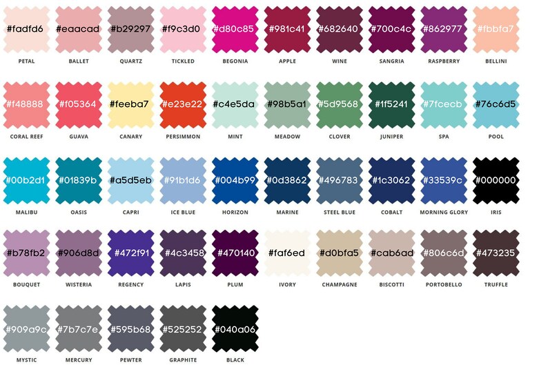 May include: A color chart with 48 different color swatches. Each swatch is labeled with a hexadecimal color code and a name. The colors range from light pink to dark black.