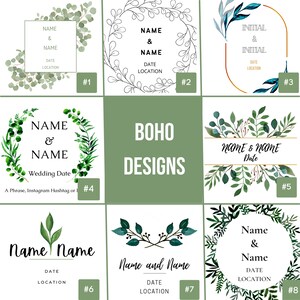May include: Eight different designs for wedding invitations with a boho theme. Each design features a wreath of greenery and a space for the couple's names, wedding date, and location. The designs are numbered 1 through 8.