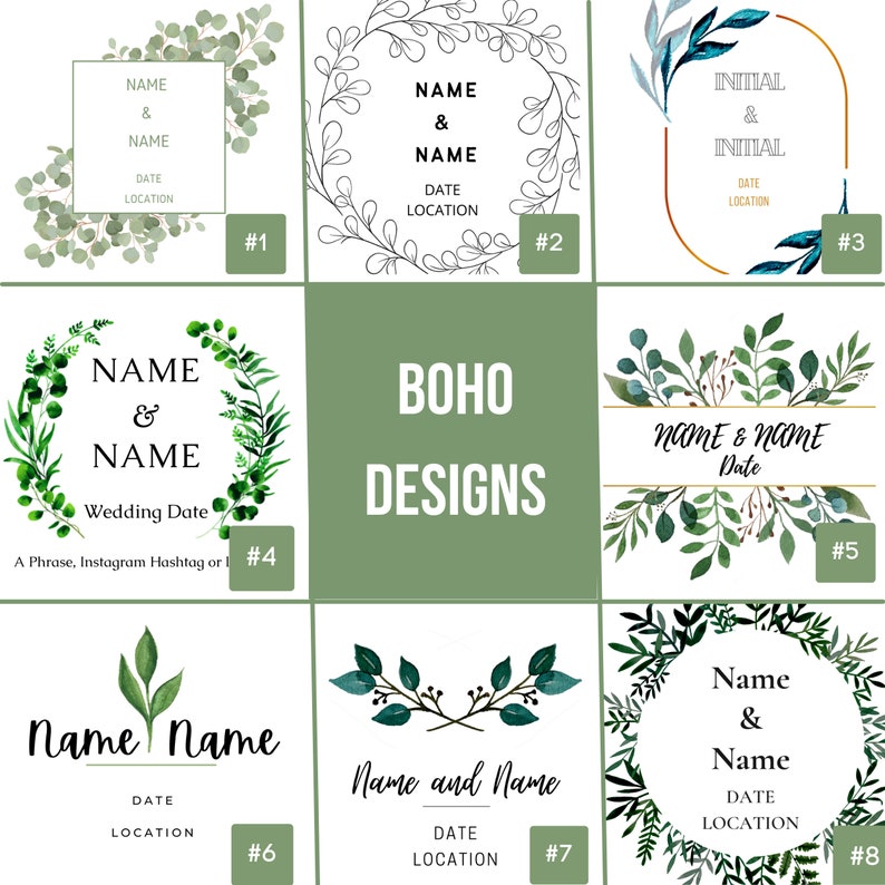 May include: Eight different designs for wedding invitations with a boho theme. Each design features a wreath of greenery and a space for the couple's names, wedding date, and location. The designs are numbered 1 through 8.