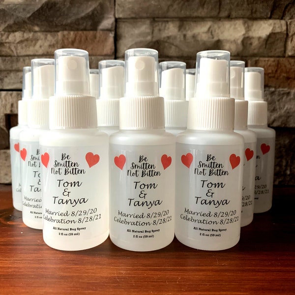 Bulk Wedding Bug Spray Party Favors | Bottles Arrive Filled with Label Applied | Be Smitten Not Bitten Design |  Wedding Guest Gift