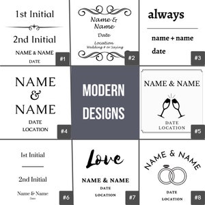 May include: A collage of ten different wedding invitation designs with various fonts, graphics, and layouts. The designs include a classic script font, a modern minimalist font, and a whimsical font. The graphics include a heart, a ring, a champagne flute, and a floral design. The layouts include a single line, a two-line, and a three-line layout. The designs are numbered 1 through 10.