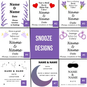 Op de afbeelding: Acht verschillende ontwerpen voor een huwelijks-snooze-bord. Elk ontwerp heeft een andere afbeelding, zoals een hart, een wolk, een ring, een halve maan of een slaapmasker. Elk ontwerp bevat de tekst "Naam & Naam", "Datum" en "Zin, Locatie of Hashtag".