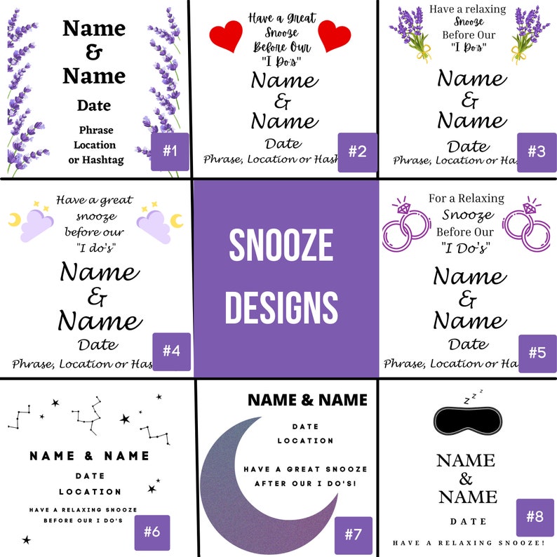 Op de afbeelding: Acht verschillende ontwerpen voor een huwelijks-snooze-bord. Elk ontwerp heeft een andere afbeelding, zoals een hart, een wolk, een ring, een halve maan of een slaapmasker. Elk ontwerp bevat de tekst "Naam & Naam", "Datum" en "Zin, Locatie of Hashtag".