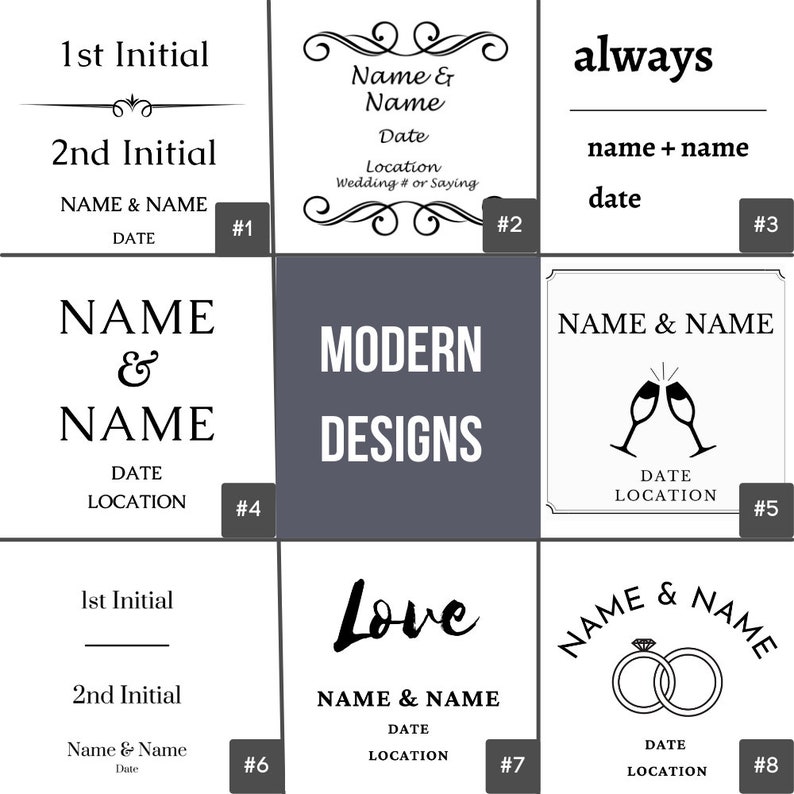 May include: A collage of ten different wedding invitation designs with various fonts, graphics, and layouts. The designs include a classic script font, a modern minimalist font, and a whimsical font. The graphics include a heart, a ring, a champagne flute, and a floral design. The layouts include a single line, a two-line, and a three-line layout. The designs are numbered 1 through 10.