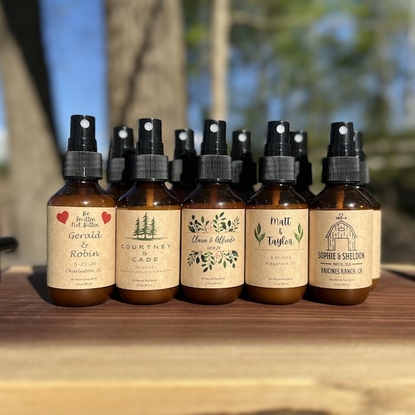 Bulk 50+ Bug Spray Bottles & Labels |  Be Smitten Not Bitten | Personalized Wedding Gift | Custom Wedding Favor | Amber Bottle | All Natural