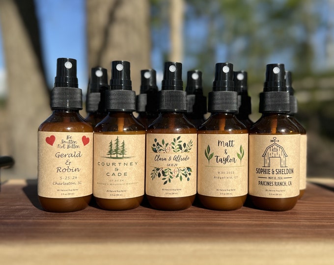 Bulk 50+ Bug Spray Bottles & Labels |  Be Smitten Not Bitten | Personalized Wedding Gift | Custom Wedding Favor | Amber Bottle | All Natural