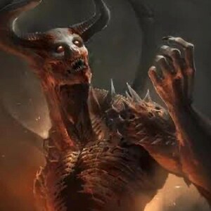 May include: A dark, horned creature with glowing yellow eyes and a skeletal, textured torso. The figure has sharp, protruding spikes on its shoulders and a wide, open mouth revealing jagged teeth, set against a dark, smoky, and fiery background.