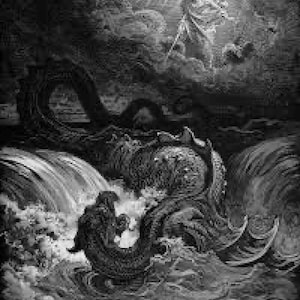 Può includere: Un'incisione in bianco e nero che raffigura una grande creatura marina serpentina che emerge da onde turbolente e infrante. Sopra l'acqua, una figura celeste alata è visibile tra nuvole scure e vorticose, illuminata da una fonte di luce brillante.