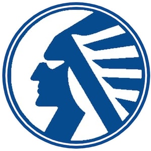 May include: A blue and white circular logo with a profile of a Native American person wearing a headdress. The logo is surrounded by a white circle.