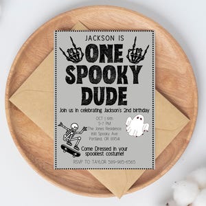 Convite de primeiro aniversário de Halloween do One Spooky Dude, convite para festa temática Spooky One editável, cartão de primeiro aniversário personalizado