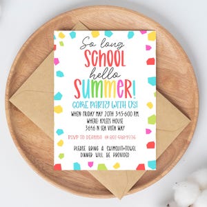 SO long School HELLO Summer - End of school Party - Summer Pool Party - Editable Party Invitation