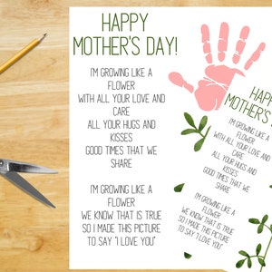 Muttertag Kunsthandwerk für Kinder zum Ausdrucken, Geschenk für Mama, Handabdruck Blumenstrauß, Muttertagsgedicht, DRUCKBAR