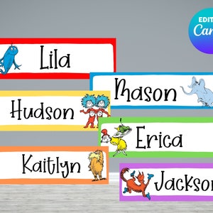 Dr Seuss Name Tags | Dr. Seuss Inspired Nametag Template | Editable Canva Design | Instant Download | Bright Classroom