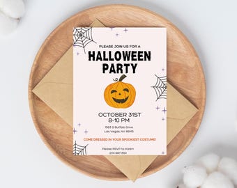 May include: A Halloween party invitation with a cartoon pumpkin and spiderwebs. The invitation says "Please join us for a Halloween Party" and includes the date, time, and location. It also says "Come dressed in your spookiest costume!" and includes an RSVP number.