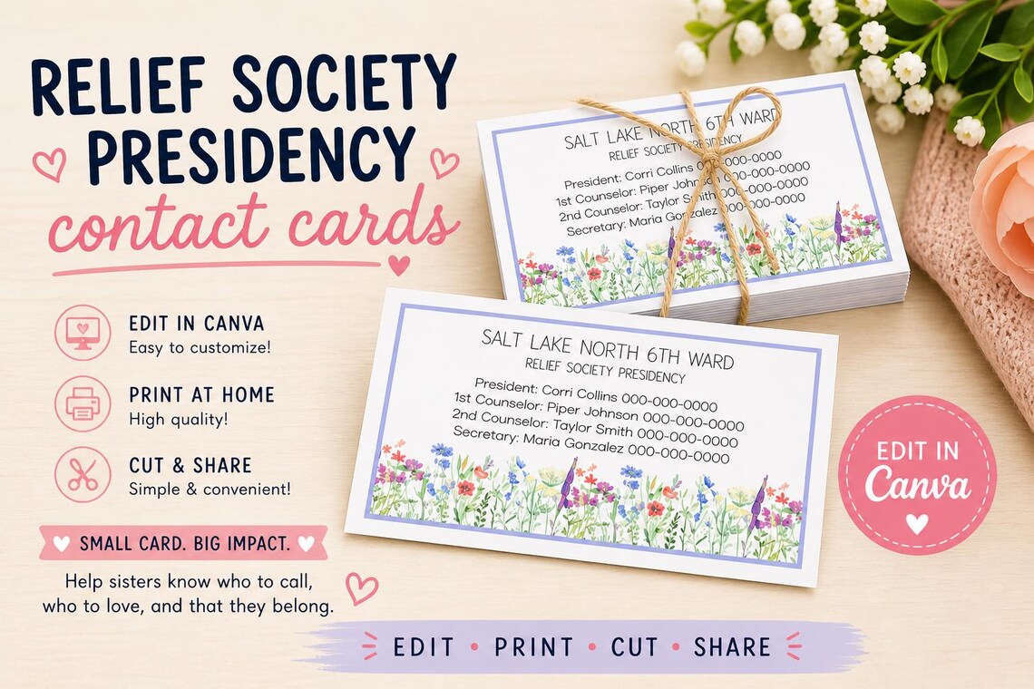 Relief Society Contact Cards Editable PDF | LDS Presidency Calling ...