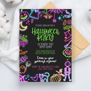 May include: A neon-colored Halloween party invitation with a black background. The invitation features a variety of Halloween icons, including a ghost, a witch's hat, a spider, a pumpkin, and candy corn. The text on the invitation reads "Please join us for a Halloween Party" and includes the date, time, and location of the party. The invitation also includes the text "Come in your spookiest costume!" and an RSVP contact.