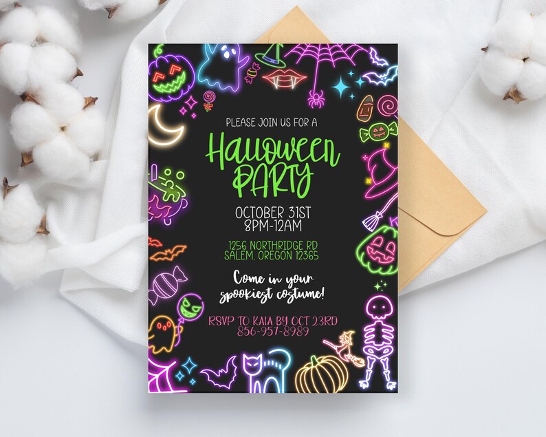 May include: A neon-colored Halloween party invitation with a black background. The invitation features a variety of Halloween icons, including a ghost, a witch's hat, a spider, a pumpkin, and candy corn. The text on the invitation reads "Please join us for a Halloween Party" and includes the date, time, and location of the party. The invitation also includes the text "Come in your spookiest costume!" and an RSVP contact.