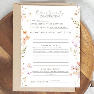 Relief Society Conducting Sheet- Ministering- Relief Society Agenda, LDS Newsletter, LDS Bookmark