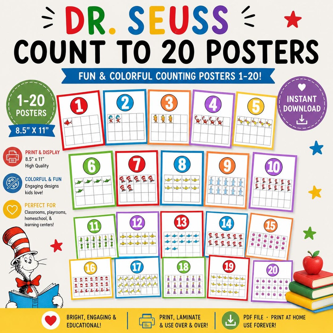 Dr Seuss Classroom Counting| Learn to Count| Dr. Seuss Themed Prints ...
