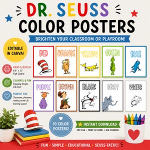 COULEURS de la classe Dr Seuss | Apprenez vos couleurs| Impressions couleur sur le thème du Dr Seuss | Affiches de classe | Poster Chat avec un chapeau