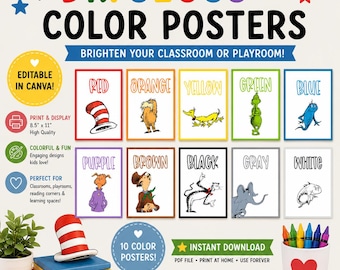 Dr Seuss Classroom COLORS| Learn your colors| Dr. Seuss themed color prints | Classroom Posters | Cat in the Hat Posters