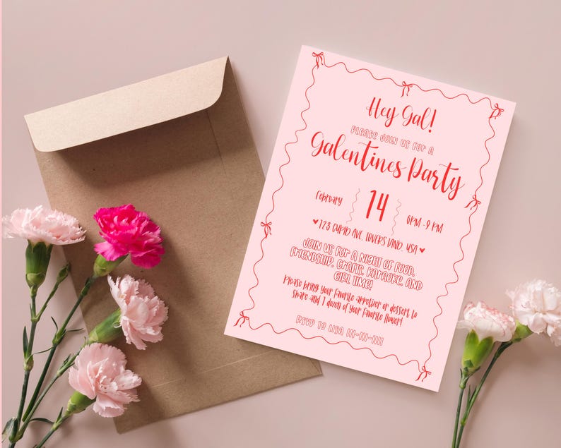 May include: Pink and red Galentine's Party invitation with a wavy border. The invitation says "Hey Gal!" and "Join us for a night of food, friendship, games, karaoke, and girl time." The date is February 14th, 6pm-9pm.
