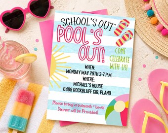 Hello Summer! Pool Party Invitation Editable Canva | End of School Party Invite Printable PDF