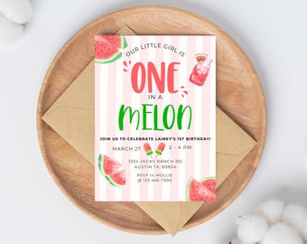 Editable Watermelon Invitation, Sweet Pink Watermelon 1st Birthday Invitation, Party Invite for Kids, Instant Download, ONE in a MELON