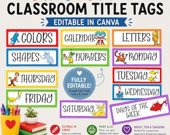 Dr Seuss Days of the week | Classroom Tags | Dr. Seuss Inspired Class Template | Editable Canva Design |  | Bright Classroom