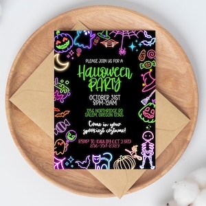 May include: Neon green and pink Halloween party invitation with a black background. The invitation features a neon green text that says "Please join us for a Halloween Party" and includes the date, time, and location. The invitation is decorated with neon green, pink, and orange Halloween icons.