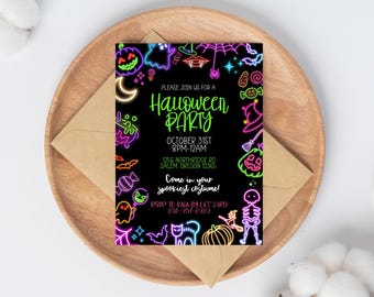 Neon Halloween Invitation, Editable Spooky Costume Party Invite, Modern Birthday, DIGITAL 5x7 Printable, Glow in the dark party