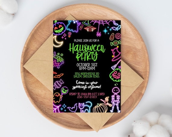 Neon Halloween Invitation, Editable Spooky Costume Party Invite, Modern Birthday, DIGITAL 5x7 Printable, Glow in the dark party