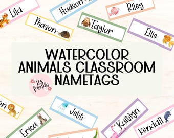 Editable Name Tags with Watercolor Animals, Colorful Classroom Labels, Personalized Student Tags, School Teacher Gift