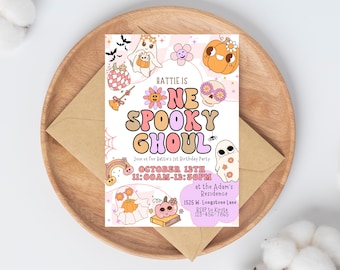 One Spooky Ghoul, Halloween First Birthday Invitation, Editable Spooky girl Theme Party Invite, Spooky girl invite