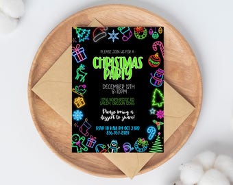 Editable Neon Christmas Party Invitation, Glow Santa (Digital Download)