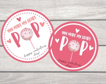 You make my heart POP, Printable Valentines Tag, Kids Valentines, Cake pop gift, Valentines gift tag