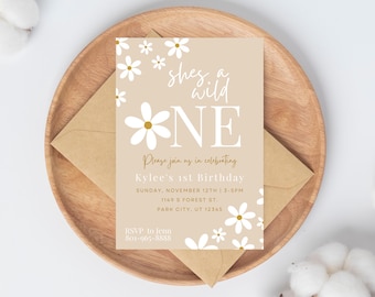 She&#39;s a wild ONE Invitation, Editable Wild One 1st birthday, Beige Daisy First Birthday Party Invitations, Printable Instant Download
