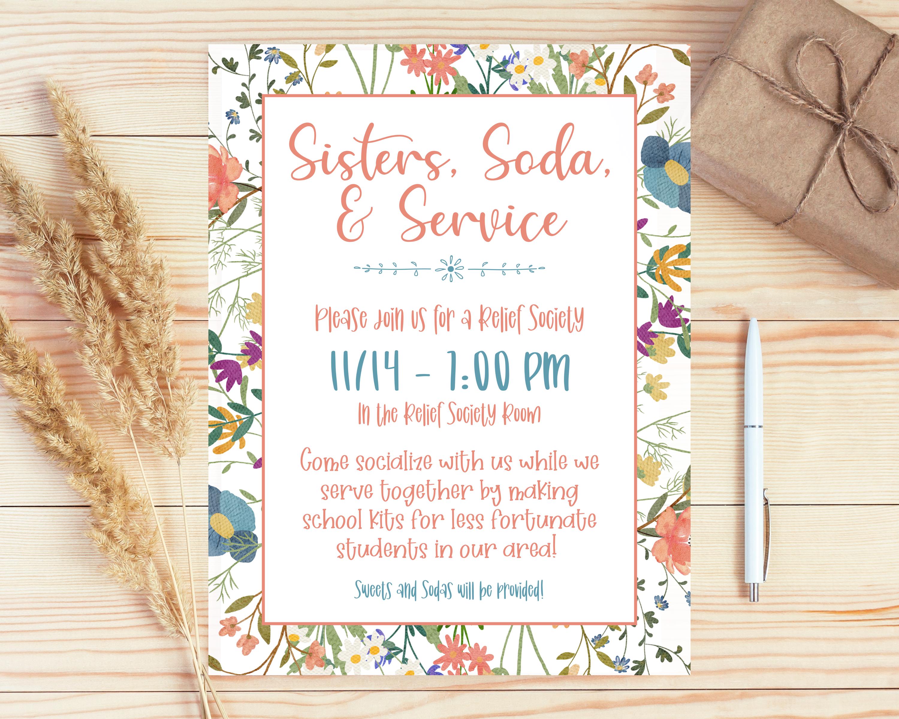 Community Service Invite Sisters and Sodas Relief Society Activity Invitation Editable Canva ...