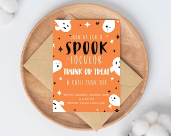 Une invitation avec une malle ou une friandise en toile modifiable | Modèle imprimable 5 x 7 Flyer malle ou friandise d'Halloween