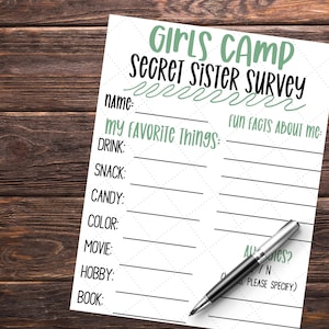Girls Camp Secret Sister Handouts | Secret Sister Girls Camp Treats | Secret Sister Survey ...