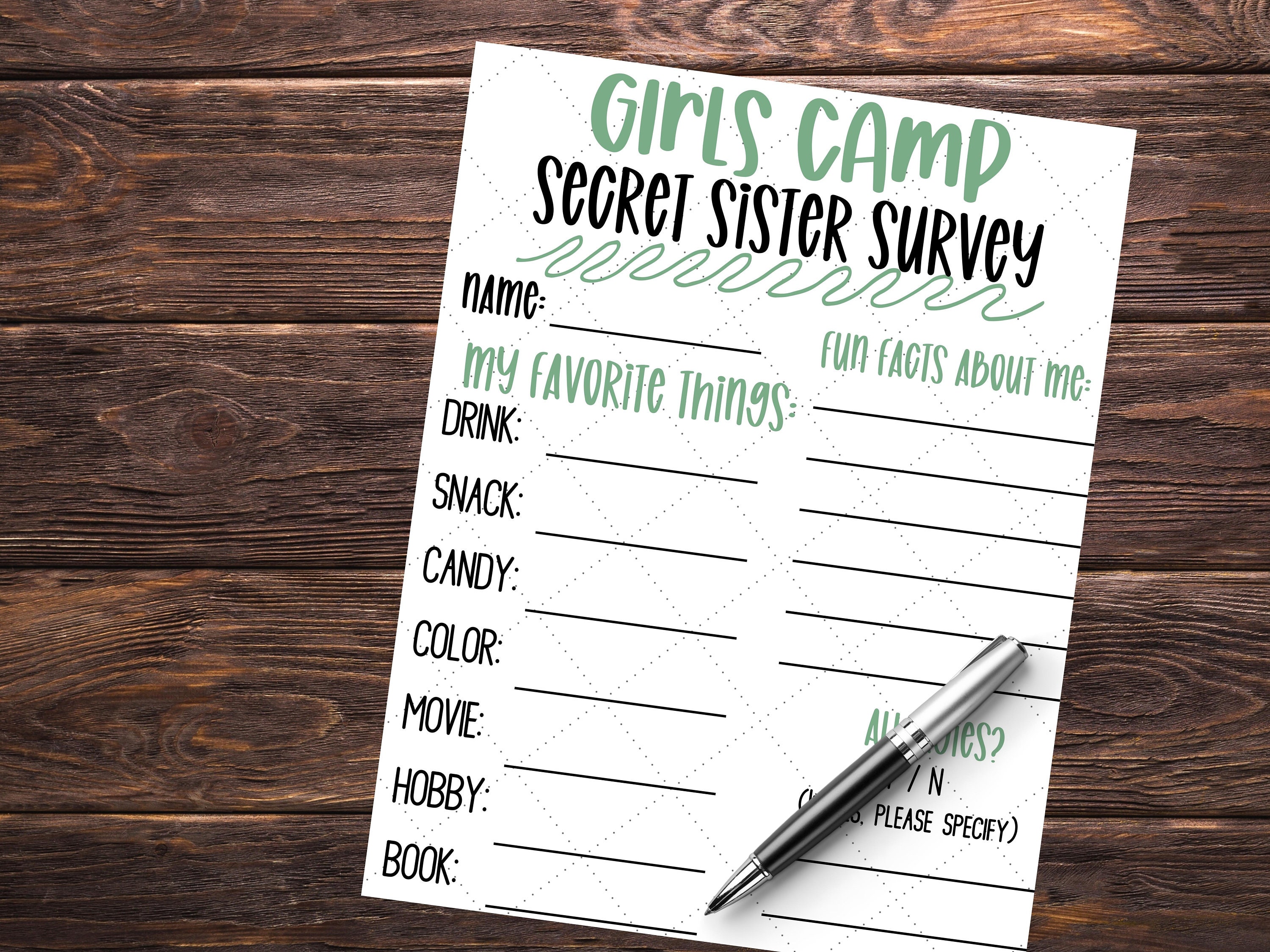 Girls Camp Secret Sister Handouts | Secret Sister Girls Camp treats | Secret Sister survey | Church of Jesus Christ of Latter Day Saints