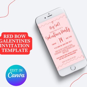 May include: A pink and red digital invitation for a Galentines party on February 14th. The invitation says "Hey Gal!" and "Galentines Party" with a red heart and a red bow. The text says "It's our Gal Pal Day!" and "Bring your favorite snacks and drinks!"  The invitation says "Edit in Canva".