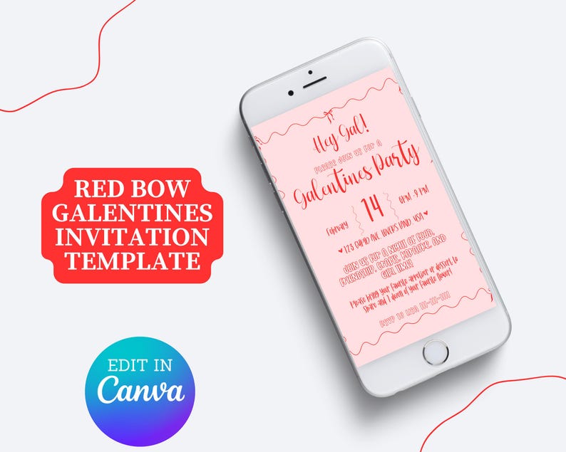 May include: A pink and red digital invitation for a Galentines party on February 14th. The invitation says "Hey Gal!" and "Galentines Party" with a red heart and a red bow. The text says "It's our Gal Pal Day!" and "Bring your favorite snacks and drinks!"  The invitation says "Edit in Canva".