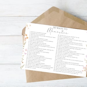 May include: A white card with floral accents and the text "50 Ways to Minister" is displayed inside a brown envelope. The card lists 50 ideas for acts of service, such as bringing a gift or offering help.
